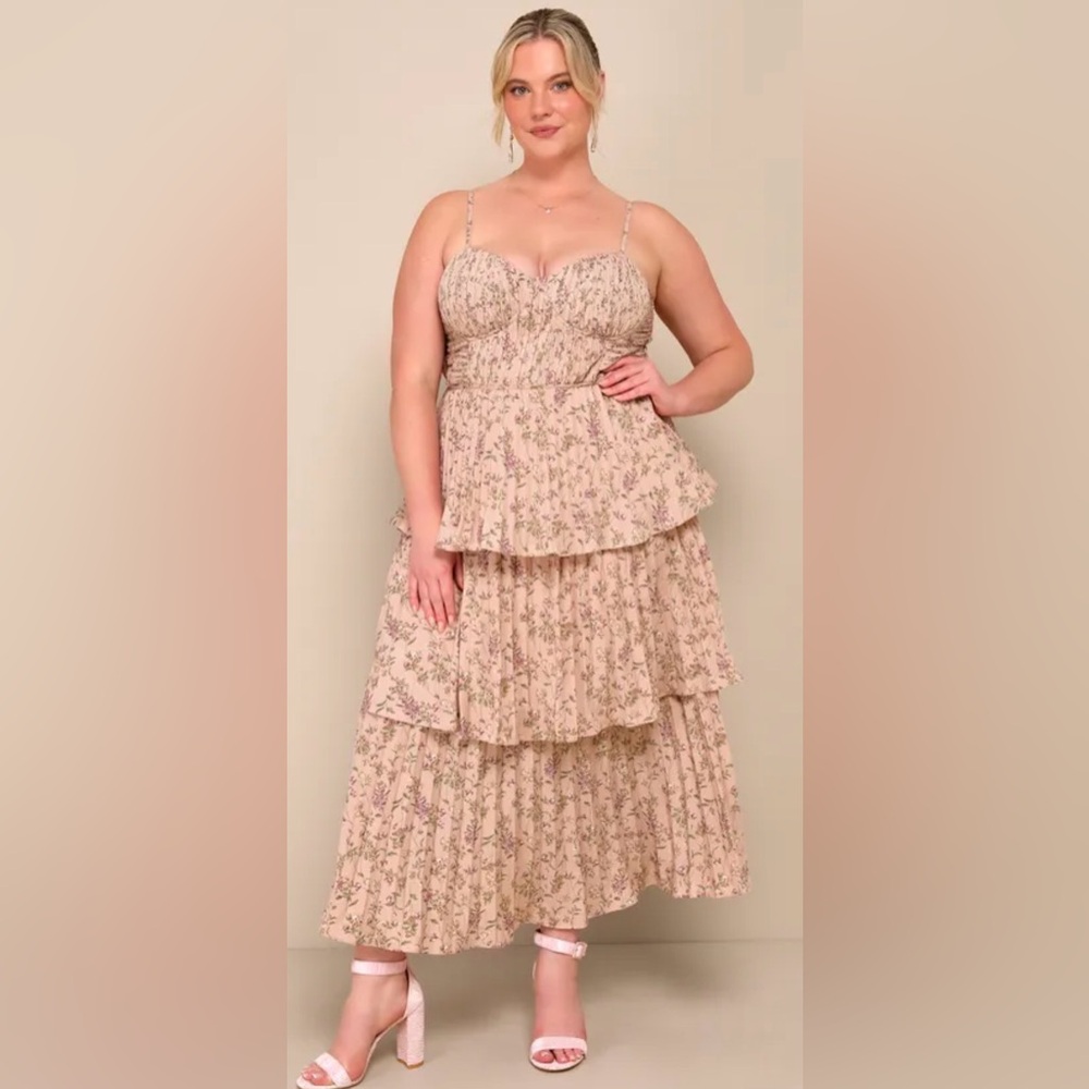 Lulu's Cascading Crush Pink Floral Print Tiered Bustier Midi Dress - Picture 3 of 15